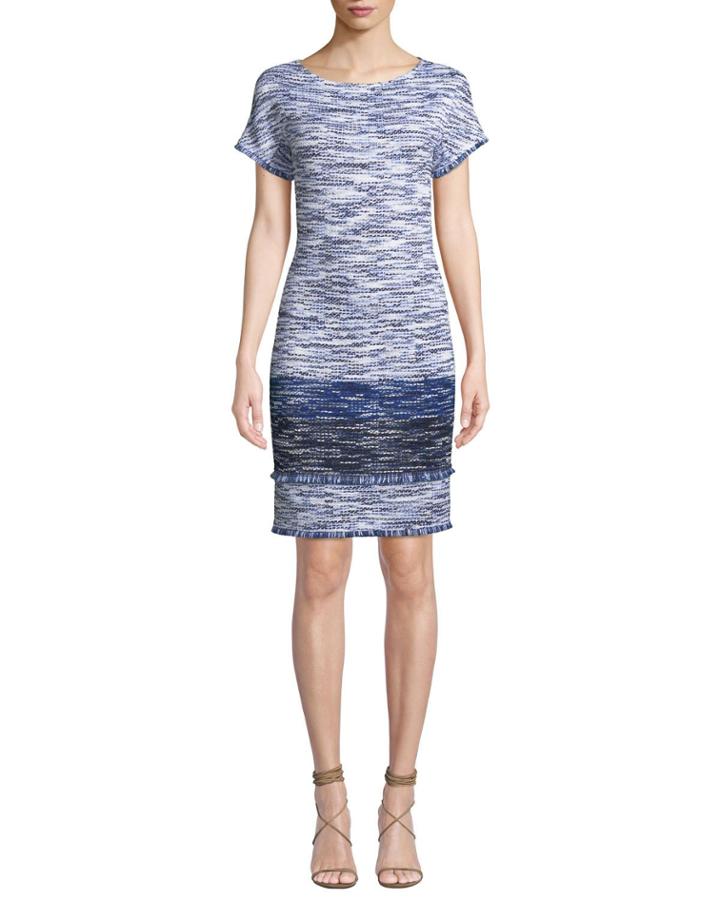 Boat-neck Short-sleeve Multi-tweed Dress With Fringe