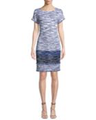 Boat-neck Short-sleeve Multi-tweed Dress With Fringe