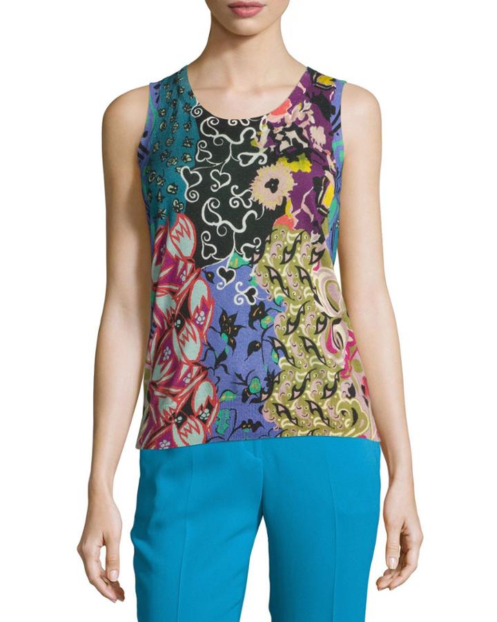 Patchwork Printed Silk/cashmere Shell, Blue/purple