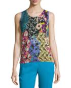 Patchwork Printed Silk/cashmere Shell, Blue/purple