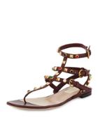 Rockstud Leather Flat Sandal, Burgundy