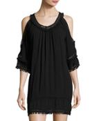 Pompom Cold-shoulder Dress, Black