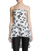 Strapless Floral-embroidered Top, Ivory/black