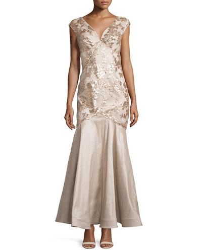 Sleeveless V-neck Floral-sequined Gown, Taupe
