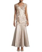 Sleeveless V-neck Floral-sequined Gown, Taupe