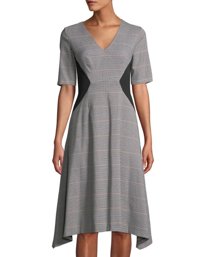 Short-sleeve Plaid Colorblock Fit-and-flare Dress
