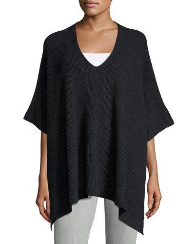 Cashmere Ribbed V-neck Poncho, Heather Charcoal