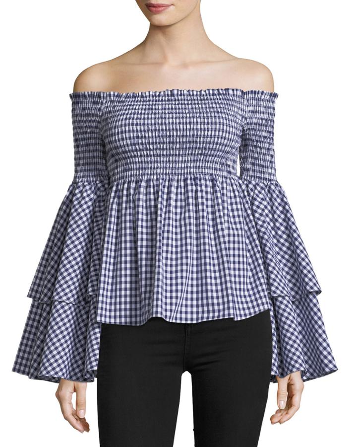 Appolonia Off-the-shoulder Gingham Cotton Top
