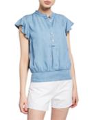 Smocked Flounce Button-front Popover Blouse