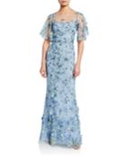 Sweetheart Illusion Flutter-sleeve Embroidered Tulle Gown W/