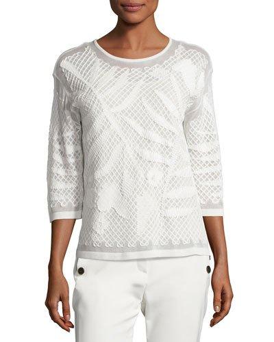 Leaf-embroidered 3/4-sleeve Top, Off White