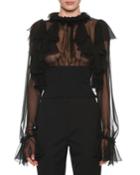 Long-sleeve Wide Waistband Chiffon Blouse W/ Ruffle Detail