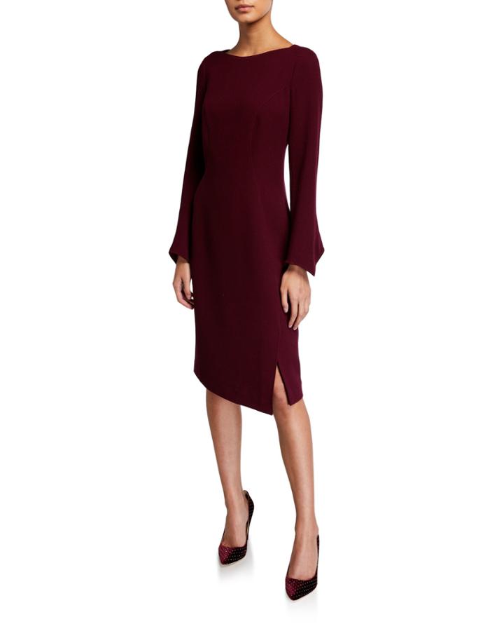 Long Sleeve Double Faced Wool Sheath Dress W/ Pearlescent Trim