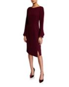 Long Sleeve Double Faced Wool Sheath Dress W/ Pearlescent Trim