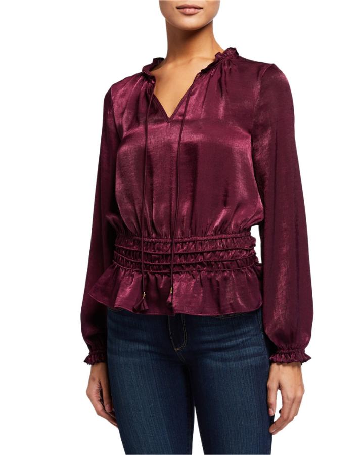 Long-sleeve Tassel-tie Smocked Peplum Blouse