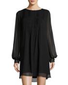 Pleated-yoke Long-sleeve Shift Dress, Black