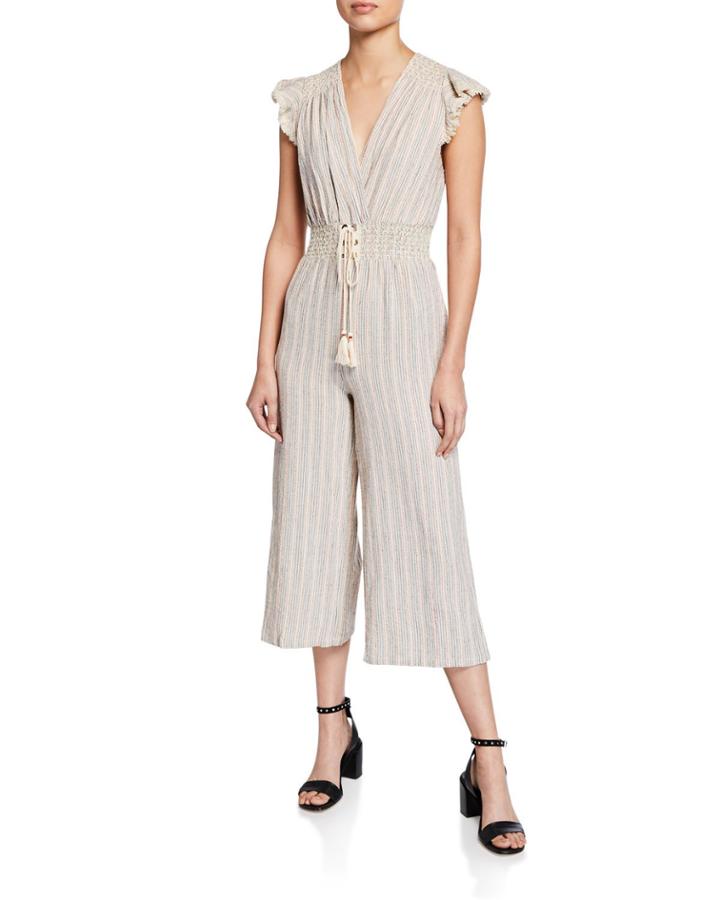 Striped Smocked Tassel Wide-leg Jumpsuit