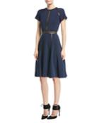 Short-sleeve Crepe Dress With Studded