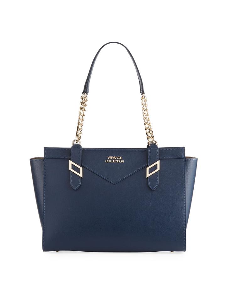 Saffiano Leather Chain Shoulder Bag, Navy