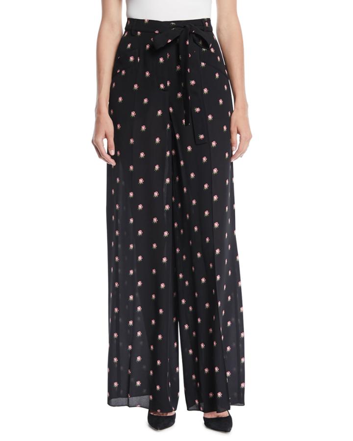 Rosebud-print Wide-leg Silk Pajama Pants