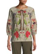 Delfine Embroidered Striped Cotton-linen Top