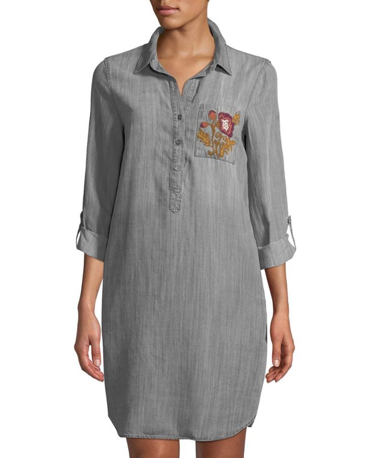 Tab-sleeve Embroidered Chambray