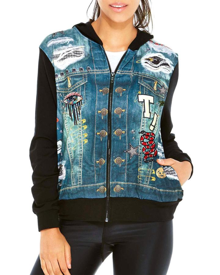 Denim Crystal Zip-front Printed Jacket