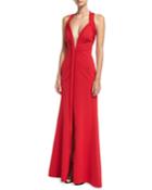 Deep V-neck Sleeveless Mesh-insert Halter Evening Gown