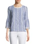 3/4-sleeve Eyelet-striped Blouse