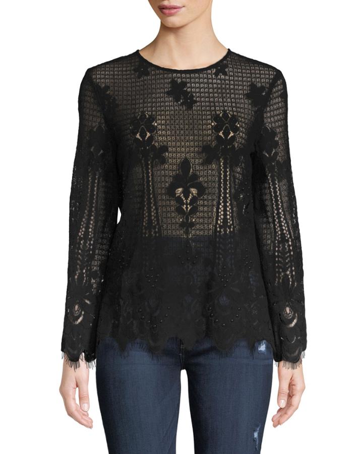Studded-lace Long-sleeve Blouse