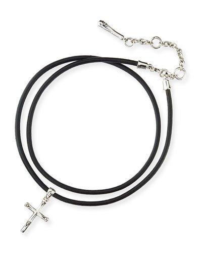 Bamboo Cross Pendant Necklace On Leather Cord, Black