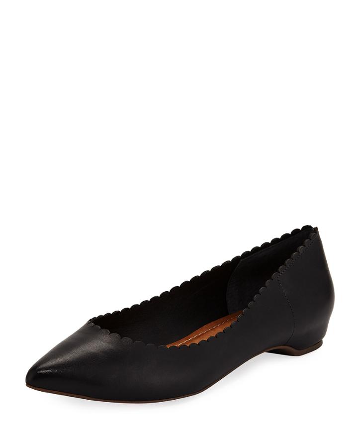 Genevieve Scallop Leather Flat, Black