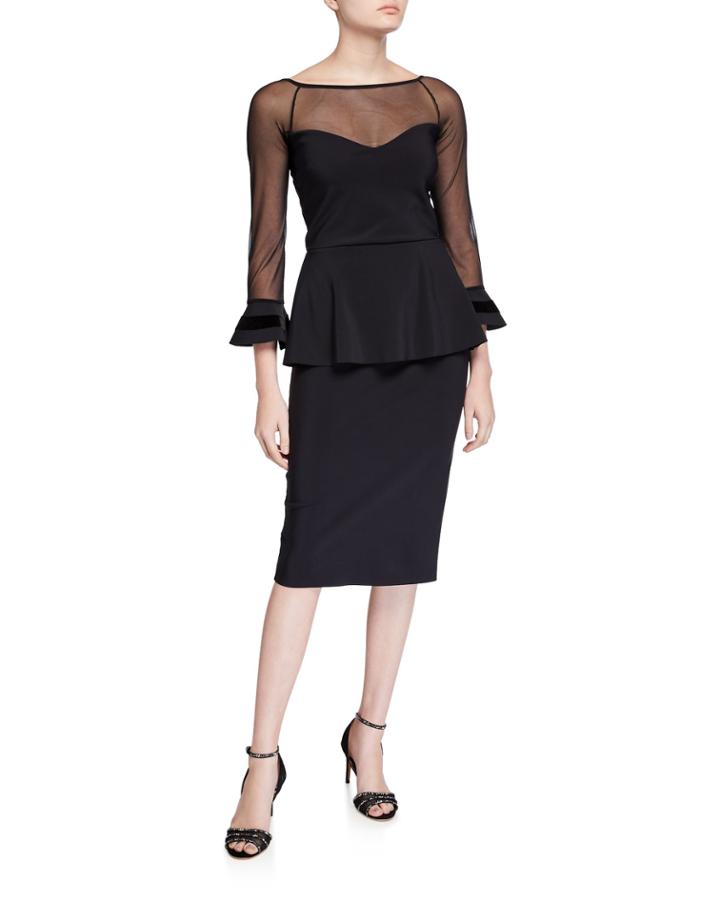 Boat-neck Sheer-yoke 3/4-sleeve Illusion Dress W/ Velvet