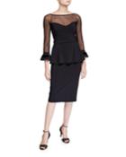 Boat-neck Sheer-yoke 3/4-sleeve Illusion Dress W/ Velvet