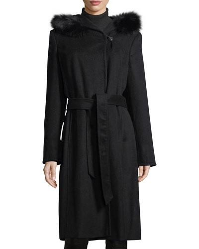 Slick Wool Wrap Pea Coat W/ Fox Fur Hood