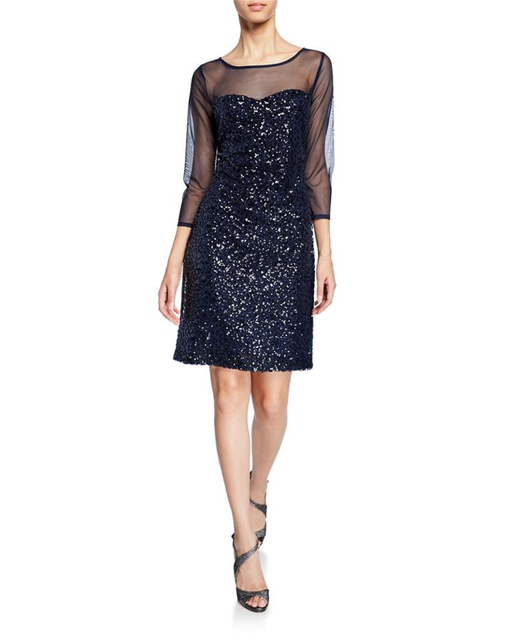 Sequin Sweetheart Illusion 3/4-sleeve Dress