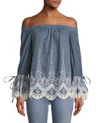 Off-the-shoulder Embroidered Chambray Blouse