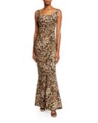 Manishanor Leopard-print Scoop-neck Sleeveless Trumpet Gown