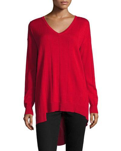 Ribbed Long-sleeve Asymmetric Top, Crimson