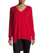 Ribbed Long-sleeve Asymmetric Top, Crimson