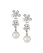 14k Pearl & Diamond Flower Dangle Earrings