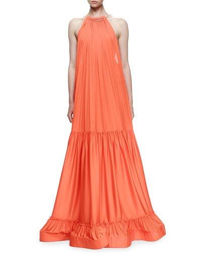 Plisse Full-skirt Halter Gown, Poppy