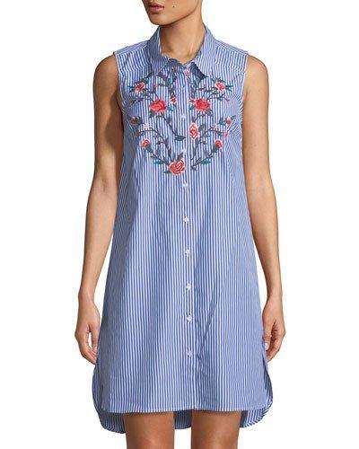 Sleeveless Striped Tunic W/ Floral Embroidery