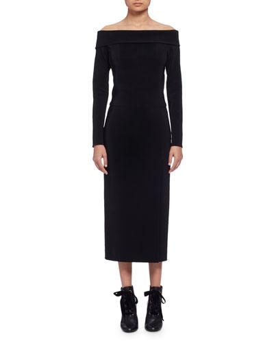 Long-sleeve Off-the-shoulder Midi Dress, Black (noir)
