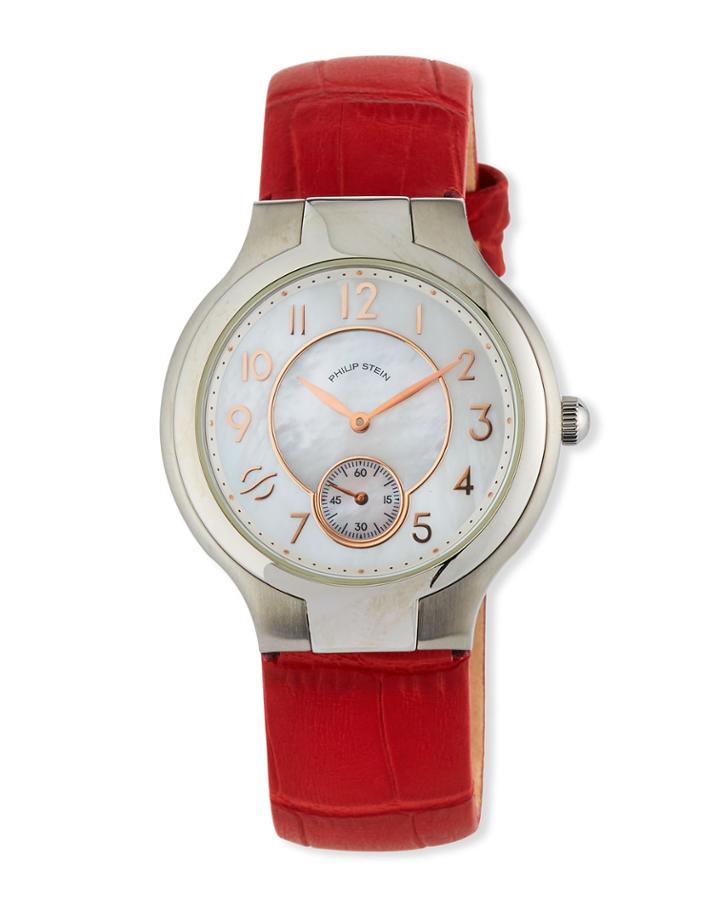Small Round Classic Watch, Mother-of-pearl/red