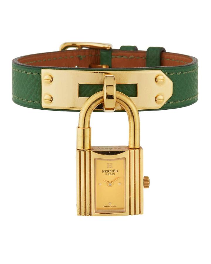 Estate Kelly Watch W/ Leather, Gold/green