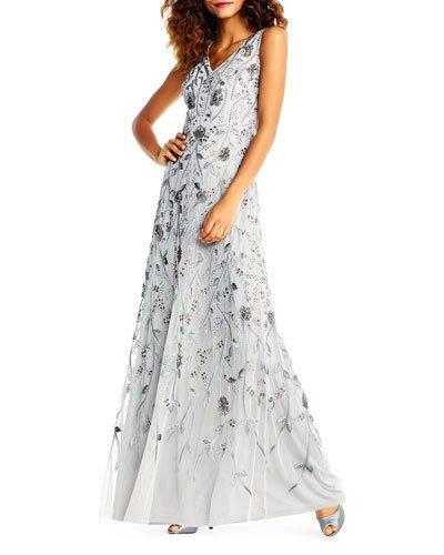 Beaded-mesh V-neck Evening Gown,