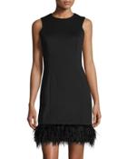 Faux-feather Hem Sleeveless Scuba Dress, Black