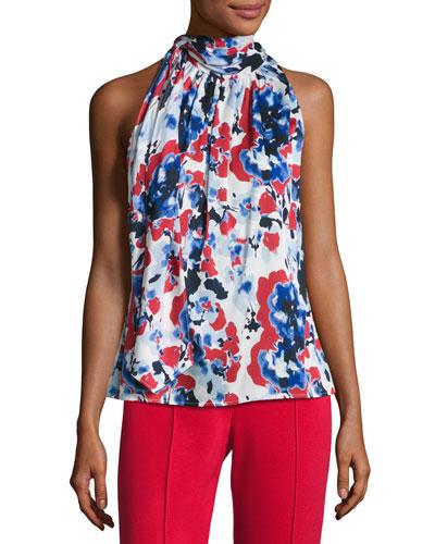 Abstract Shadow-print Halter Top, Blue/red/white