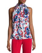 Abstract Shadow-print Halter Top, Blue/red/white